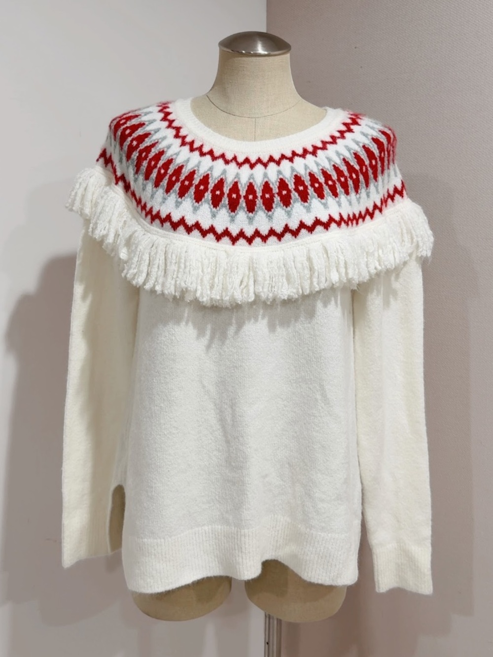 Loft Outlet Off White Red & Gray Fringe Trim Fair Isle Wool Blend Sweater Size M